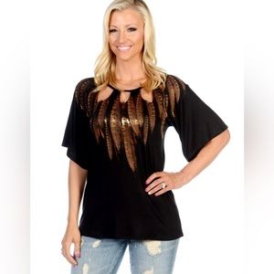 Ladies XL black blouse with gold feathers around the neckline. MADE IN THE USA!!